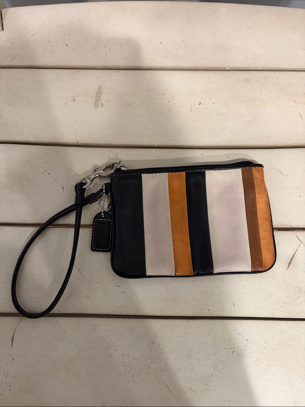 Coach Striped Wristlet Wallet in Black, Cream & Tan